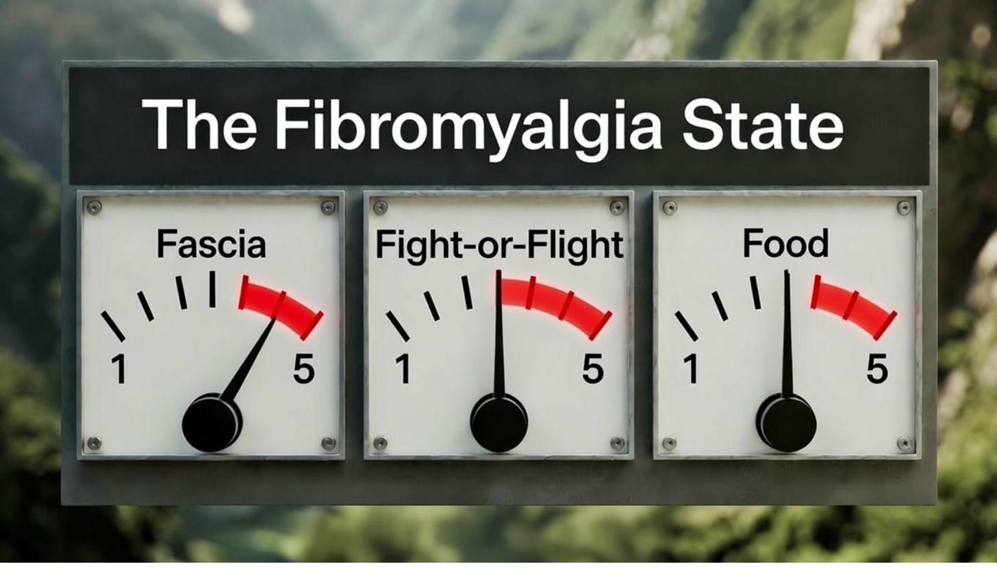 The Fibromyalgia State - 3 dials showing Fascia, Fight or Flight, Food - Physology Bath