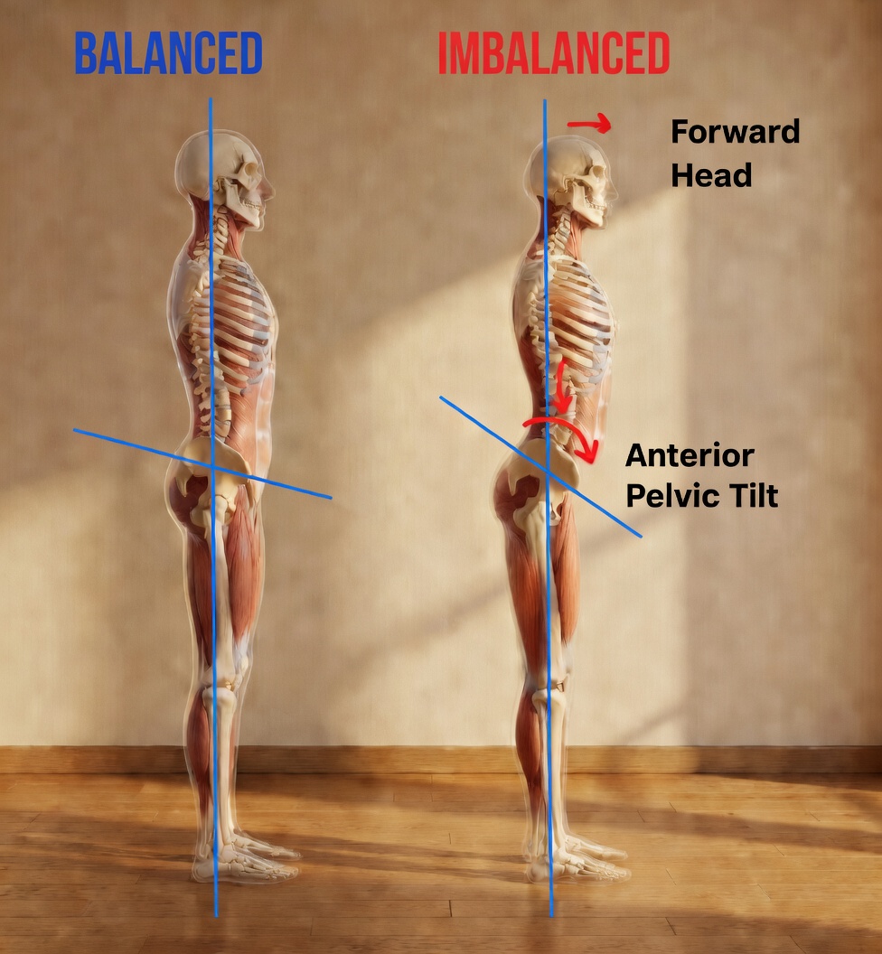 Balanced vs imbalanced posture from the side showing anterior pelvic tilt - Physology Bath
