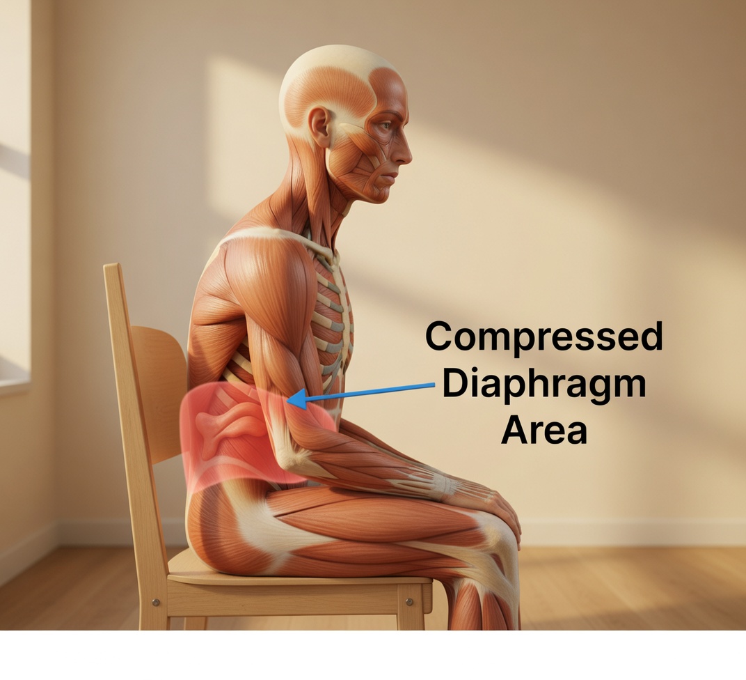 Compressed diaphragm area when sitting - how prolonged sitting changes breathing patterns - Physology Bath